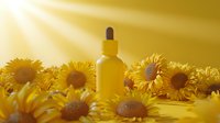 Essential oil dropper bottle surrounded by fresh sunflowers in golden sunlight, creating warm atmospheric scene for wellness, aromatherapy and natural cosmetics.