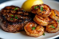 Grilled beef tenderloin steak and seared jumbo shrimp served with fresh lemon and herbs on white plate, close up view of surf and turf dinner.