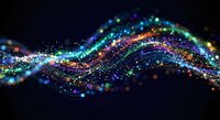 Abstract colorful particle wave with glowing dots and bokeh effects on dark background for digital art and technology designs.