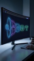 Curved monitor displaying cybersecurity workflow with neon icons showing data protection process from screening to selection on modern desk setup.