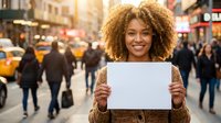 Young African American woman with curly hair holding blank white paper sign on busy city street with yellow taxis and pedestrians in background during golden hour.