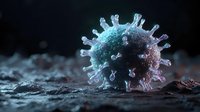 Microscopic virus particle with spike proteins on textured surface against dark background for medical education and healthcare research presentations.