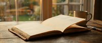 Open vintage book on wooden table near window with warm sunlight streaming through, creating cozy reading atmosphere for literature and education concepts.