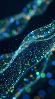 Abstract flowing wave with sparkling particles and colorful bokeh lights on dark background for digital art and modern design projects.