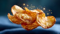 Crispy golden potato chips floating in dark space with glowing particles and bokeh effects, macro food photography on blue background.