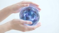 Hands protecting glowing blue energy sphere with cosmic patterns for environmental protection and sustainability concepts.