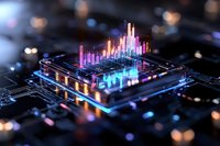 Futuristic microchip with glowing colorful data visualization bars emerging from processor surface on dark circuit board background with bokeh effect.