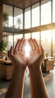 Open cupped hands holding bright light in modern office space with sunbeams streaming through large windows creating spiritual energy and hope concept.