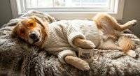 Golden retriever dog wearing cozy knit sweater relaxing on soft blanket by window with I hate Mondays mug. Comfortable pet lifestyle and lazy morning concept.