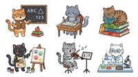 Cartoon cats engaged in educational and creative activities, isolated on white background, suitable for educational materials, children's content, and design projects.