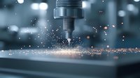 Macro shot of CNC machine drilling metal surface with flying sparks and debris in dark industrial environment. Metalworking process in manufacturing.