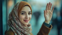 Young Middle Eastern woman in hijab waving hello with friendly smile in modern office environment for business communication and workplace diversity concepts.