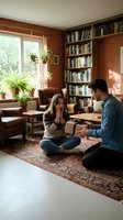 Young couple enjoying cozy moment together in warm home library with books and plants creating intimate atmosphere for relationship content.