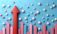 Red and pink upward trending arrows with scattered white spheres on blue background showing business growth and positive dynamics in modern style.