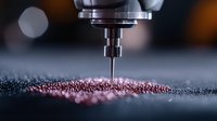 Precision manufacturing close-up showing industrial drill bit piercing metallic surface with pink metallic powder debris, dramatic lighting and shallow depth of field.