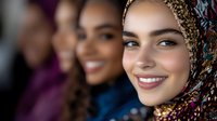 Young woman wearing patterned hijab smiling warmly at camera, with diverse group of female friends in background, representing inclusivity and friendship.