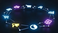 Digital business network with glowing neon icons connected in circular pattern showing commerce, analytics, cloud computing and data flow on dark background.