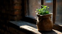 Fresh green basil plant growing in rustic burlap sack on wooden windowsill with dramatic natural sunlight creating moody atmosphere.