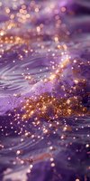 Golden glitter particles floating on purple liquid surface with ripples and bokeh light effects, creating magical abstract background.