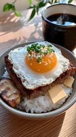Sunny side up egg on grilled spam over steamed white rice, garnished with butter, green onions and sesame seeds. Hot coffee and plant in background.