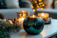 Elegant glass candles with warm flames create cozy holiday atmosphere on white table with pine branches and golden ornaments for festive home decor.