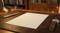 Blank white paper sheet on wooden desk with pen and ink bottle in warm library setting for writing, contracts, and creative projects.