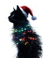 Black cat wearing Santa hat with glowing Christmas lights wrapped around its silhouette against white background, artistic watercolor style illustration for holiday designs.