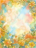 Watercolor floral frame with ornamental flowers and swirling botanical elements in warm and cool tones, featuring decorative borders and splashes, ideal for greeting cards, invitations, and design backgrounds.