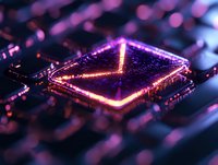 Glowing microchip with neon purple and orange light effects on dark background, close-up view of electronic circuit board with bokeh elements.