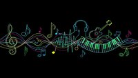 Colorful neon music wave with DJ silhouette, headphones, piano keys and musical notes on black background for entertainment and audio production designs.