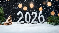 Snowy numbers 2026 with golden bokeh lights and pine branches on dark background, festive winter holiday composition with falling snow and decorations.
