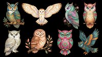 Eight colorful decorative owls isolated on transparent background, ready for stickers, t-shirt design, print on demand, clipart, and sublimation projects.