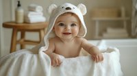 Smiling Caucasian baby wearing white bear hooded towel after bath, sitting in soft white towel. Bright natural light, cozy bathroom interior with wooden stool background.
