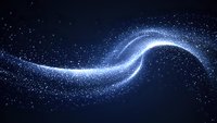 Glowing blue wave of sparkling particles flowing through dark space, creating dynamic motion trail against starry background. Suitable for technology concepts.