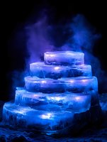 Glowing ice blocks stacked in pyramid formation with mystical blue and purple smoke effects against dark background, creating magical winter atmosphere.