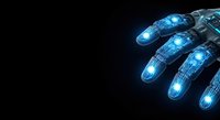 Robotic hand with glowing blue digital fingers on dark background, isolated for technology and artificial intelligence design projects.