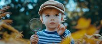 Young child in striped shirt and newsboy cap holds magnifying glass while exploring outdoors among autumn leaves, capturing curiosity and discovery in nature.