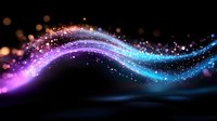 Magical glowing wave with sparkling particles in purple and blue colors flowing on dark background, creating ethereal light trail effect.