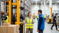Female warehouse supervisor in safety vest discussing operations with male manager near forklift in modern distribution center with workers in background.