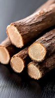 Fresh cut burdock root cross sections showing cream colored flesh and brown skin texture on dark wooden surface, macro food photography.