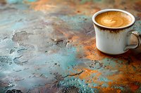 Fresh cappuccino with latte art heart in white ceramic cup on rustic turquoise and copper colored textured background with copy space.