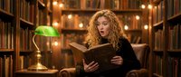 Young blonde woman with curly hair reading book in cozy library with warm lighting and vintage banker lamp creating atmospheric study environment.