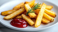 Crispy golden french fries served on white plate with fresh rosemary sprig and red ketchup sauce. Close up view of homemade potato strips with herbs.