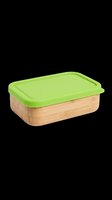 Bamboo food storage container with bright green silicone lid, isolated on transparent background. Ready for clipart, print-on-demand, sublimation, t-shirt designs and kitchen product mockups.