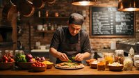 Professional male chef in apron preparing fresh vegetables in rustic restaurant kitchen with copper pots and warm lighting for culinary cooking concepts.