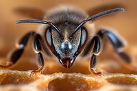 Extreme macro portrait of honey bee head with detailed compound eyes, antennae and mandibles on honeycomb surface showing intricate insect anatomy in sharp focus.