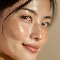 Young Asian woman with glowing dewy skin and natural freckles smiling softly in warm golden light for skincare and beauty wellness concepts.