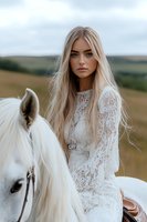 Young Caucasian woman with long blonde hair wearing white lace dress sitting on white horse in countryside setting. Natural lighting and moody atmosphere creates romantic mood.