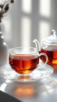 Steaming cup of red tea with glass handle and saucer, white teapot in soft-focused background, bright window light creating warm amber tones, ideal for beverage, wellness, and lifestyle design projects.