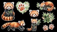Cute red panda characters isolated on transparent background, ready for t-shirt designs, stickers, clipart, sublimation, and print-on-demand products. Includes sitting poses, paw prints, and foliage elements.